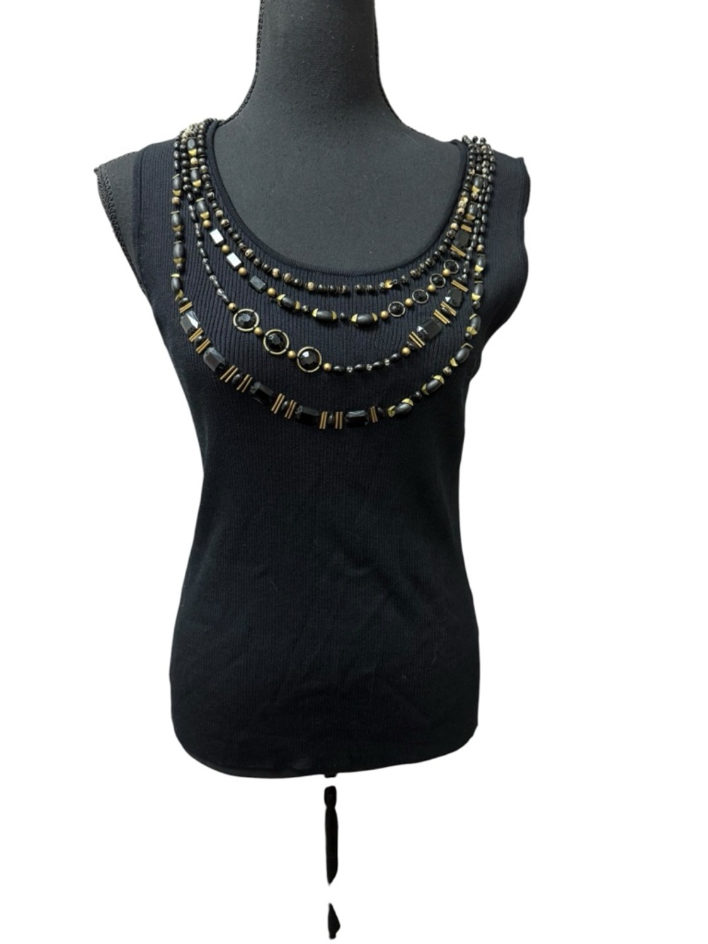 Ruby Rd Black Beaded Tank Top Petite PL Embellished Stretch Knit Chic Top